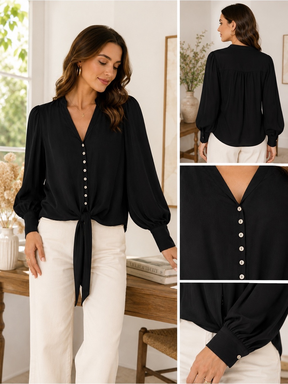 Marc New York Black Tie Front Blouse Size L V-Neck Button Detail Boho Chic